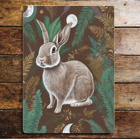 Rabbit Moon Light Fern Leaves Metal Sign Plaque