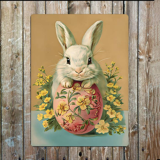Vintage Easter Rabbit Bunny Egg Flowers | Metal Sign Plaque