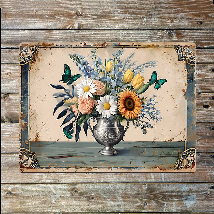 Botanical Floral Bouquet In Vase Vintage | Metal Sign Plaque
