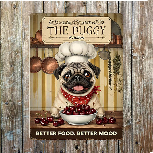 Pug Dog Chef Better Food Mood Kitchen Metal Sign Plaque