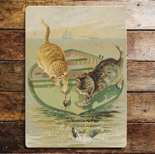 Adorable Vintage Kitten Cat Fishing Fun | Metal Sign Plaque