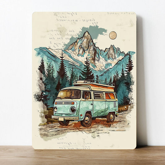 Vintage Blue Camper Van Landscape | Metal Sign Plaque