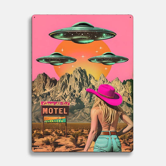 Desert Scene with Retro Cowgirl UFO Alien | Metal Sign Plaque