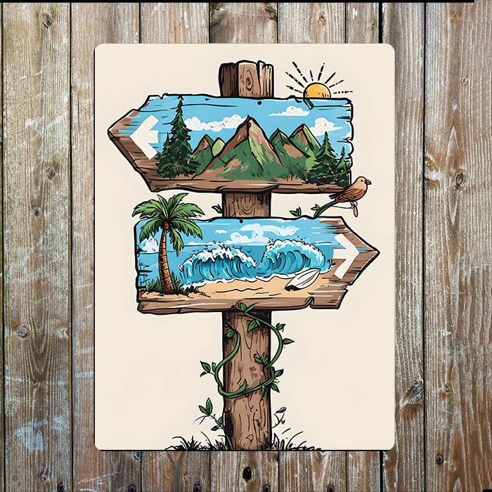 Signpost Illustrating Moutain Sea Nautical Metal Sign Plaque