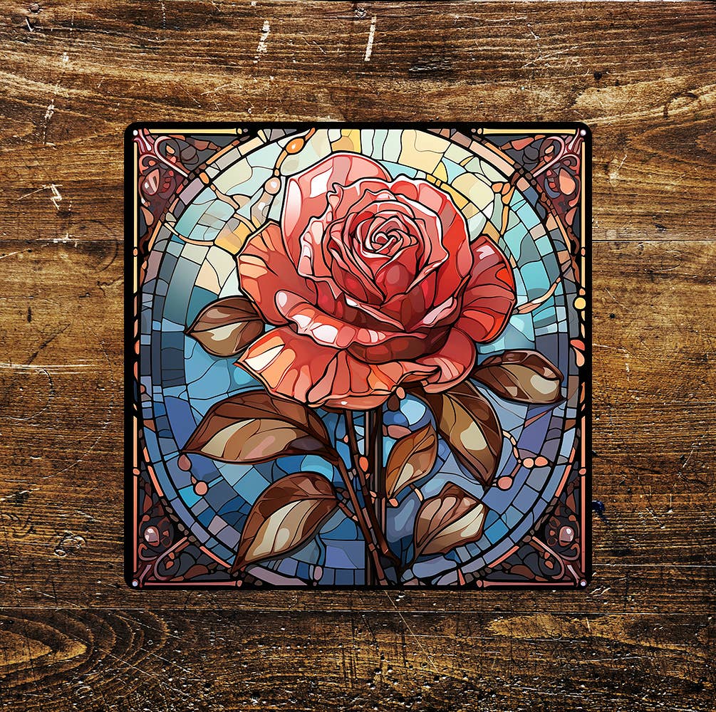 Red Sun Rose Stained-Glass Affect | Metal Sign Plaque Square