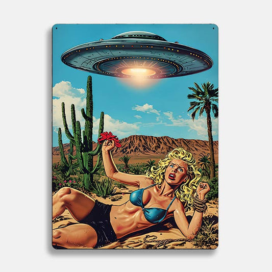 Distressed Woman In Desert Alien UFO Retro | Metal Sign Plaque