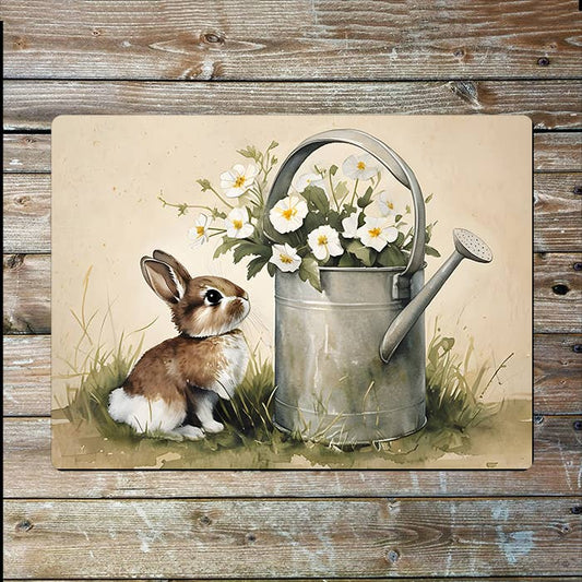 Rabbit and Watering Can Watercolour Spring Metal Sign Plaque