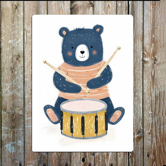Bear Drumming Drum Illustration | Metal Sign Plaque