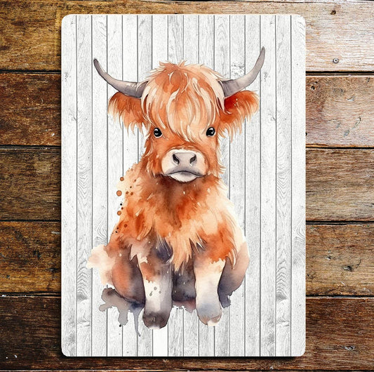Baby Calf Highland Cow Cute Art | Metal Sign Plaque