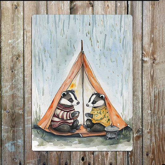 Badgers Enjoying Cosy Tent Camping | Metal Sign Plaque