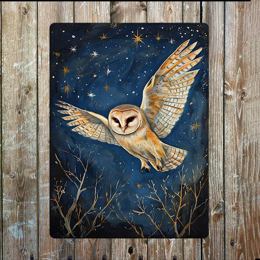 Barn Owl Flight A Dark Night Sky Star | Metal Sign Plaque