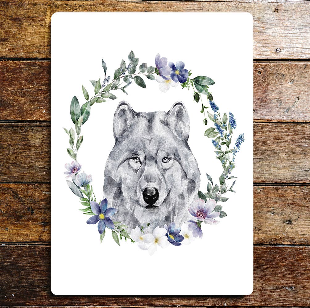 Wolf Watercolour Animal Flower | Metal Wall Sign Plaque