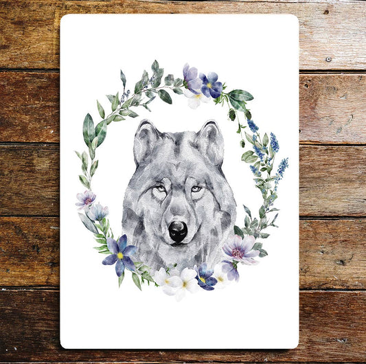 Wolf Watercolour Animal Flower | Metal Wall Sign Plaque