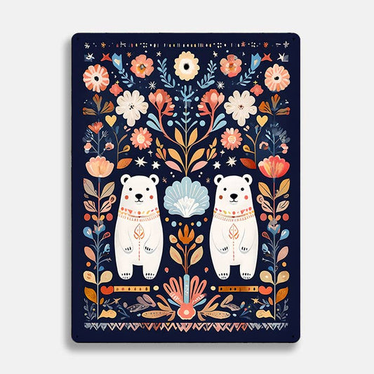 Flowers 2 Polaar Bears scandinavian folk | Metal Sign Plaque