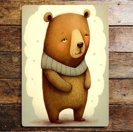 Cute Young Bear Portrait Stripy Scarf | Metal Sign Plaque