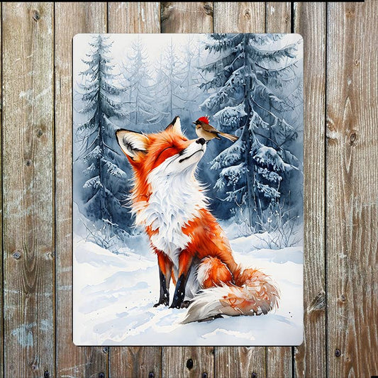 Scene Featuring Orange Fox and Bird Metal Sign Plaque