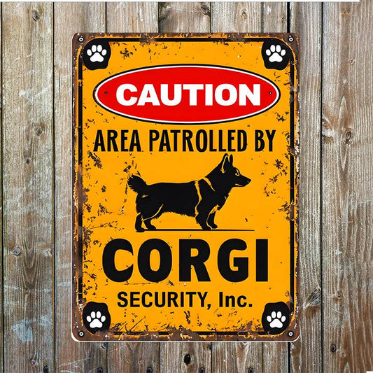 Vintage Caution Area Patrolled Corgi Dog | Metal Sign Plaque