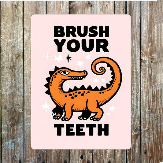 Brush Your Teeth Orange Dinosaur | Metal Sign Plaque