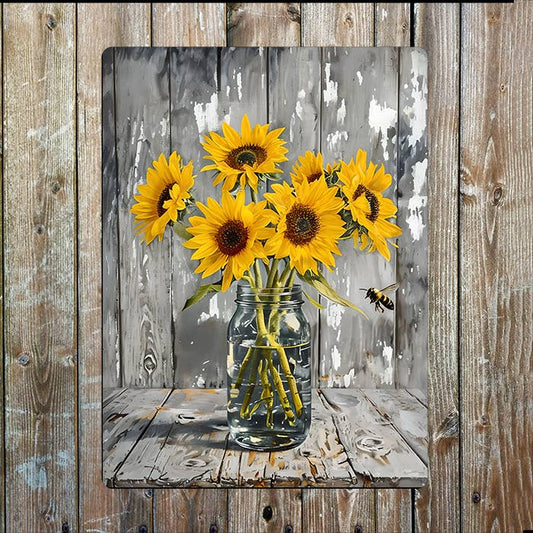 Bright Yellow Sunflowers In Glass Jar | Metal Sign Plaque