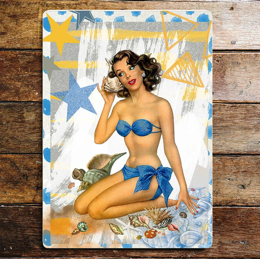 Pin Up Girl Blue Bikini Seaside Shells Metal Sign Plaque