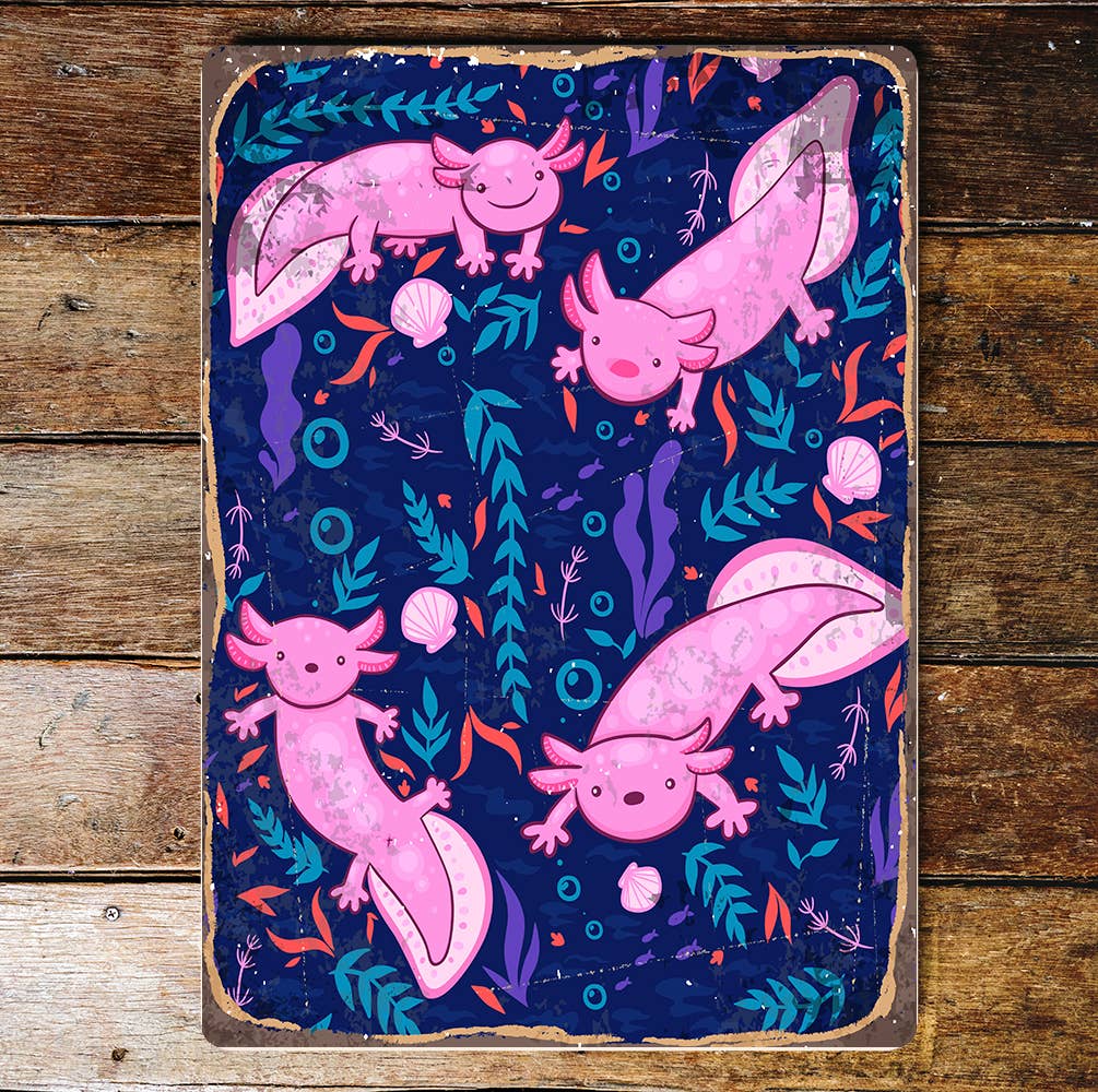 Axolotl Pattern Sea Fish Lizard Pink | Metal Wall Sign Plaque