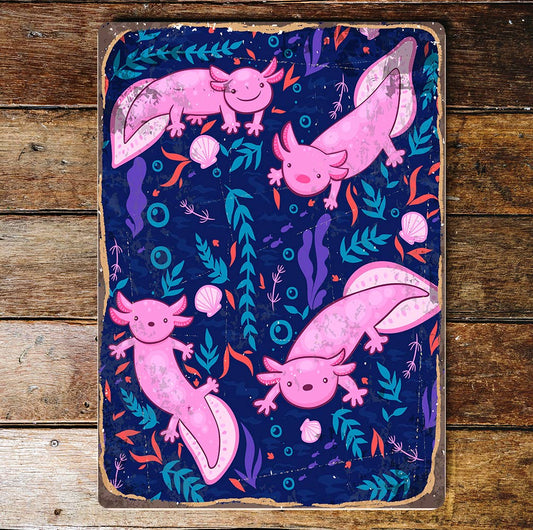 Axolotl Pattern Sea Fish Lizard Pink | Metal Wall Sign Plaque
