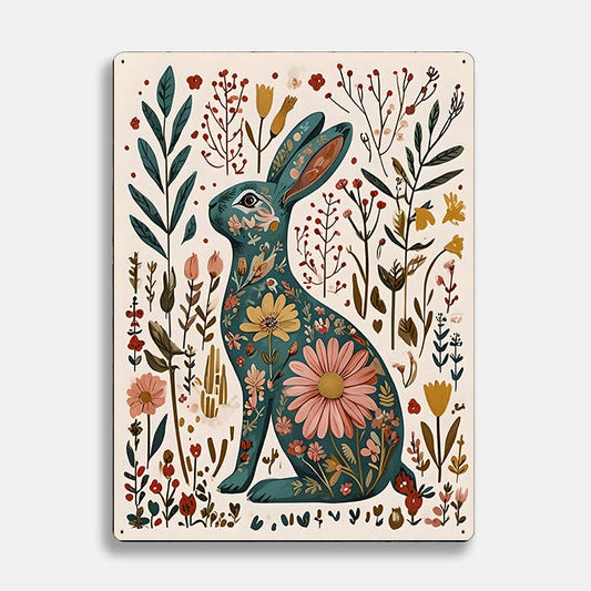 Hare Rabbit Floral scandinavian folk | Metal Sign Plaque