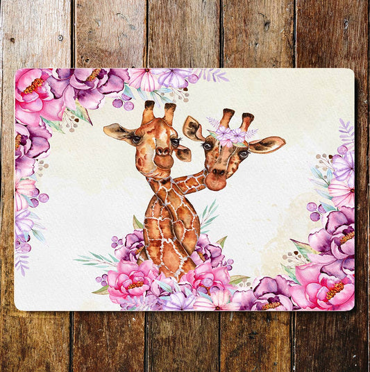 Two Entwined Giraffes Pink Flowers  | Metal Sign Plaque