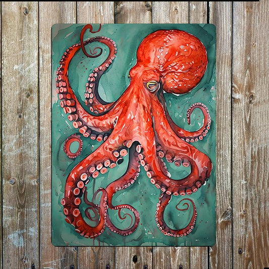 vibrant Watercolor Octopus Sea Nautical | Metal Sign Plaque