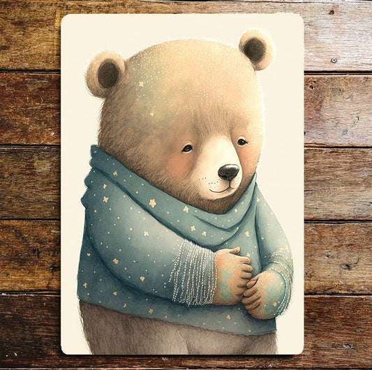 Cute Shy Bear Blue Jumper Stars | Metal Sign Plaque
