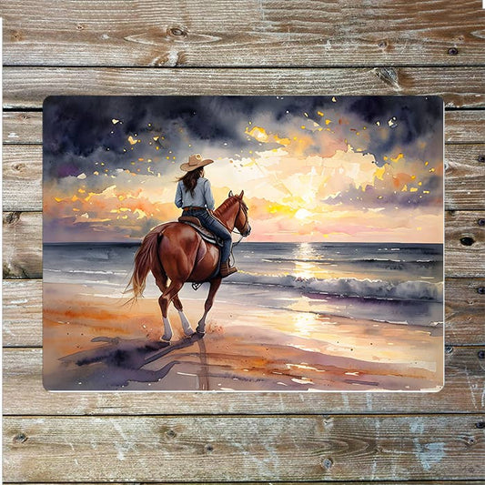 Beach Sunset Horse Cowboy | Western Art | Metal Sign Plaque