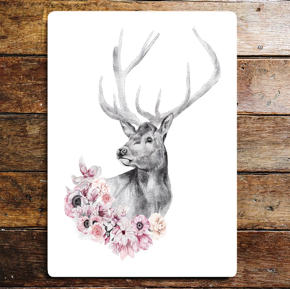 Stag Watercolour Animal Flower Metal Wall Sign Plaque