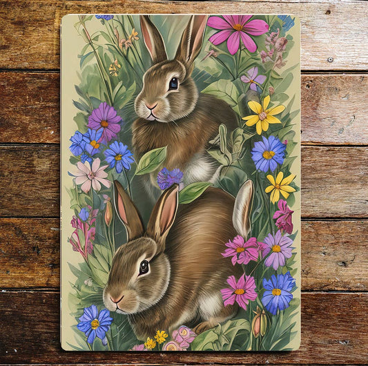 Rabbits Hiding Among Wild Flowers Metal Sign Plaque
