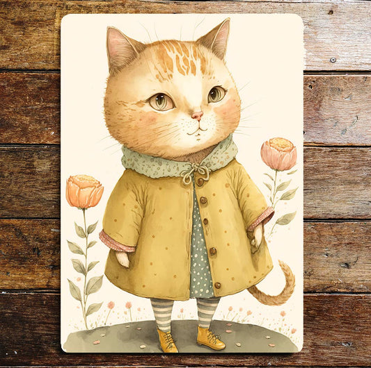 Cute Cat Portrait Jacket Shoes Roses | Metal Sign Plaque