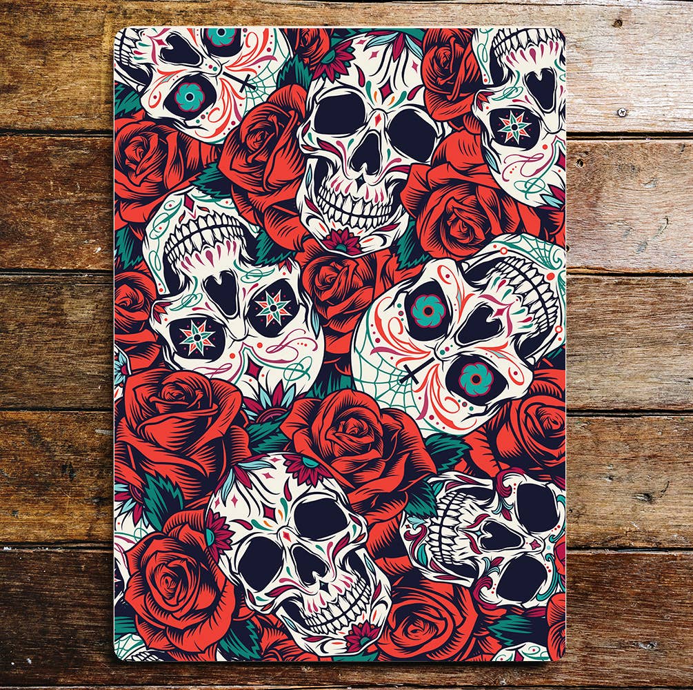 Skull Heads Roses Metal Wall Sign