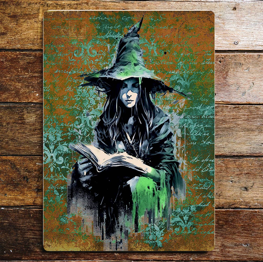 Reading Green Witch Halloween Metal Sign Plaque