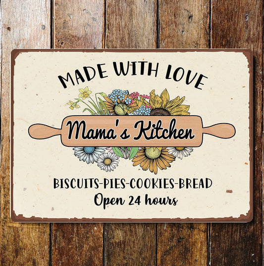 Made With Love Mama's Kitchen Open 24 | Metal Sign Plaque