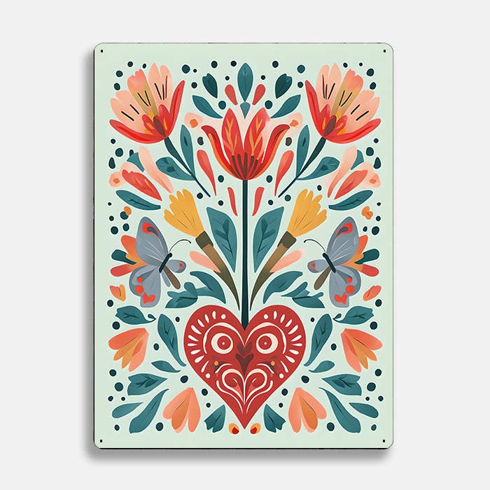 Heart Flowers Butterfly scandinavian folk | Metal Sign Plaque