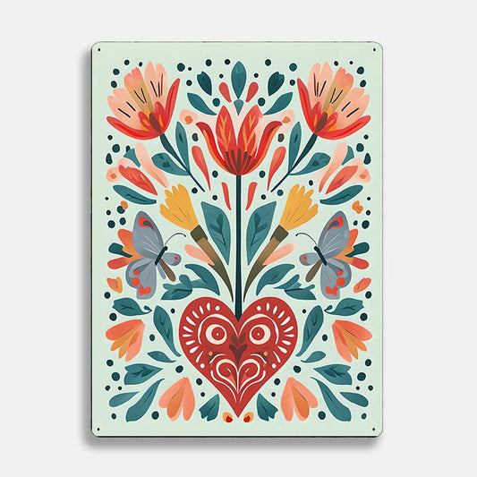 Heart Flowers Butterfly scandinavian folk | Metal Sign Plaque