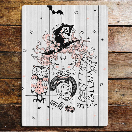 Voodoo witch owl Halloween cat | Metal Wall Sign Plaque