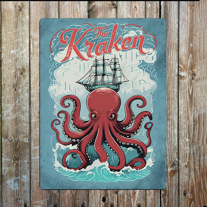 Kraken Illustration Ship Sea Nautical | Metal Sign Plaque
