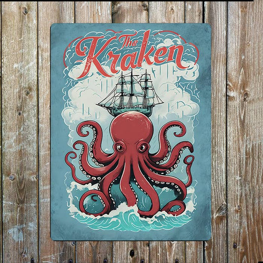 Kraken Illustration Ship Sea Nautical | Metal Sign Plaque