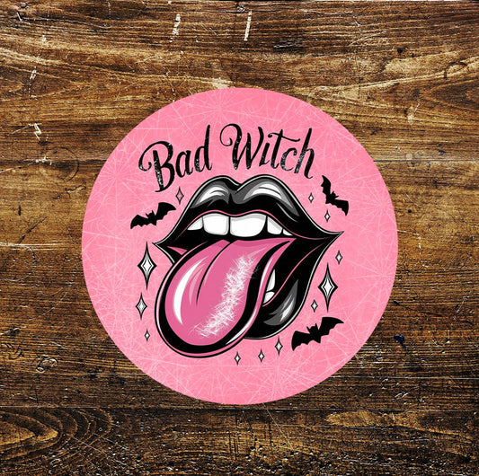 Bad Witch Pink Spooky Halloween Pub Bar Circle Metal Sign