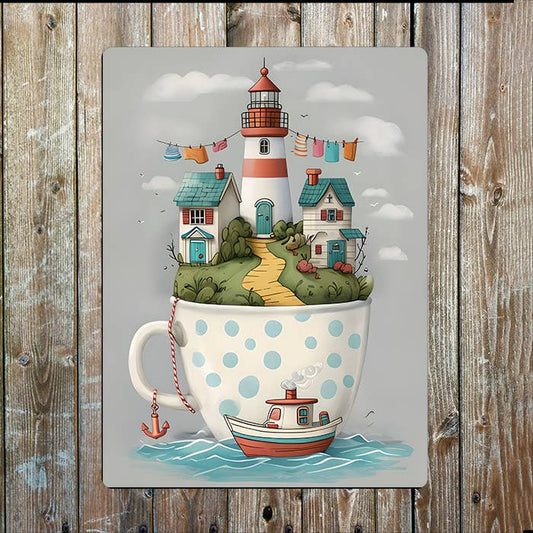 Town Inside Tea Cup Sea Nautical Metal Sign Plaque