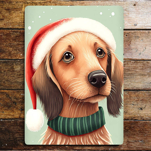 Cute Dog Portrait Christmas Hat Snow | Metal Sign Plaque