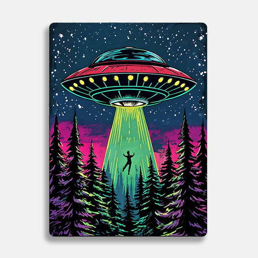 Retro UFO Hovering Over Forest UFO Alien Metal Sign Plaque