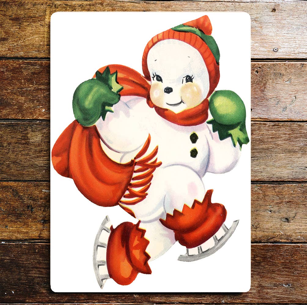 Smiling Snowman On Ice Skate Present Sack Metal Sign Plaque