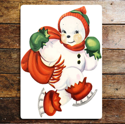 Smiling Snowman On Ice Skate Present Sack Metal Sign Plaque