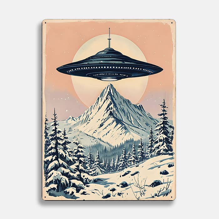 Vintage UFO Over Snowy Mountain Alien | Metal Sign Plaque