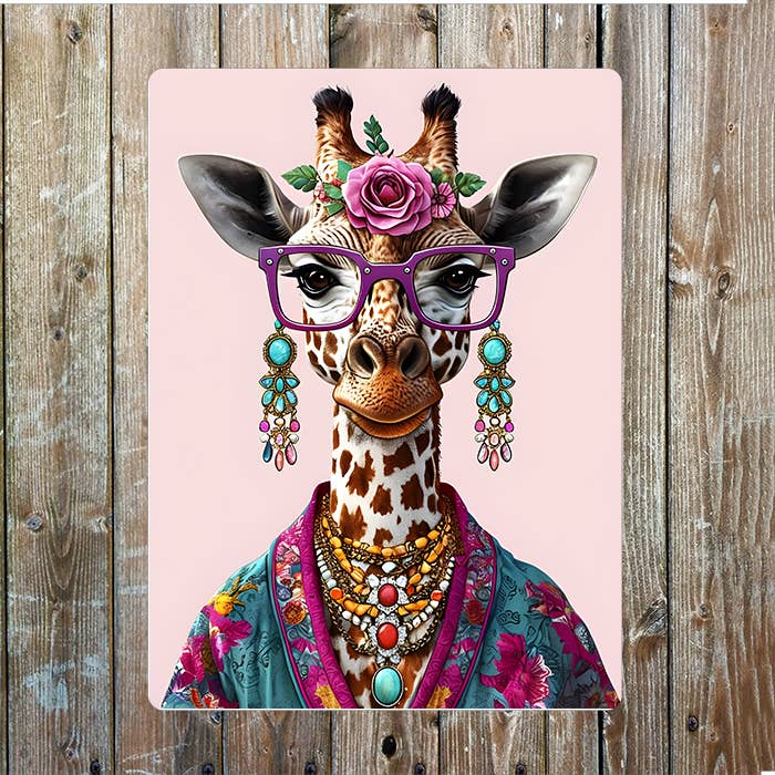 Giraffe Dressed in Colorful Clothes | Metal Sign Plaque